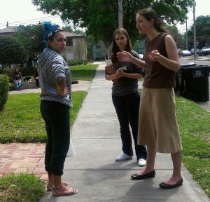 Jessica explaining the Gospel to Mary Beth.